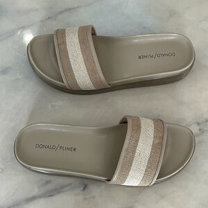 Donald J. Pliner Taupe and White Striped Slide Sandals